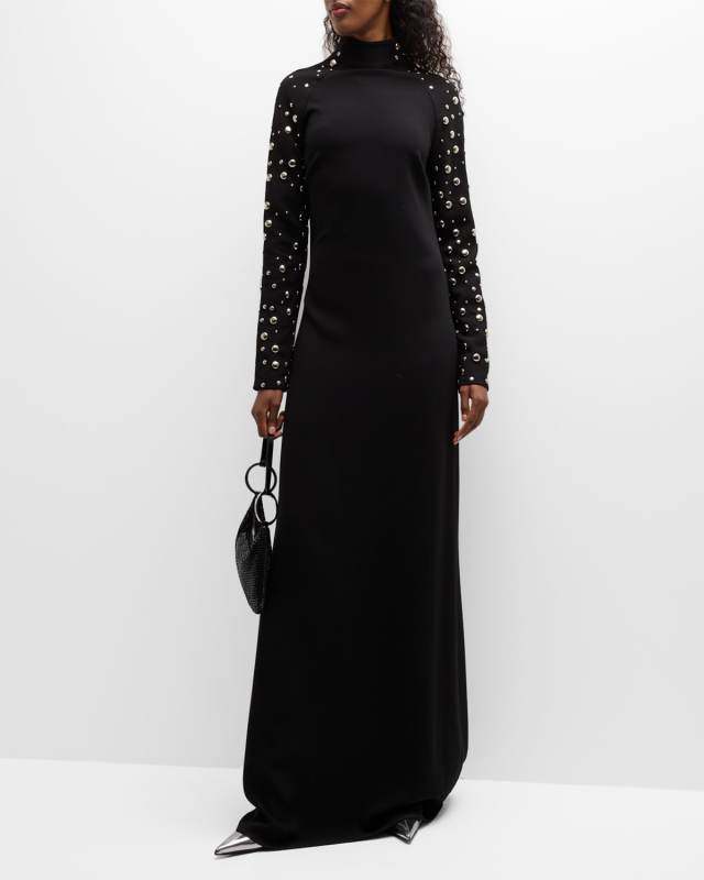 Sculpty Long-Sleeve Studded Mock-Neck Gown
